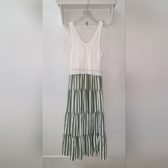 EN SAISON Cece Mixed Media Midi Dress in Sage Green Stripe Sz XS-S - Picture 5 of 12